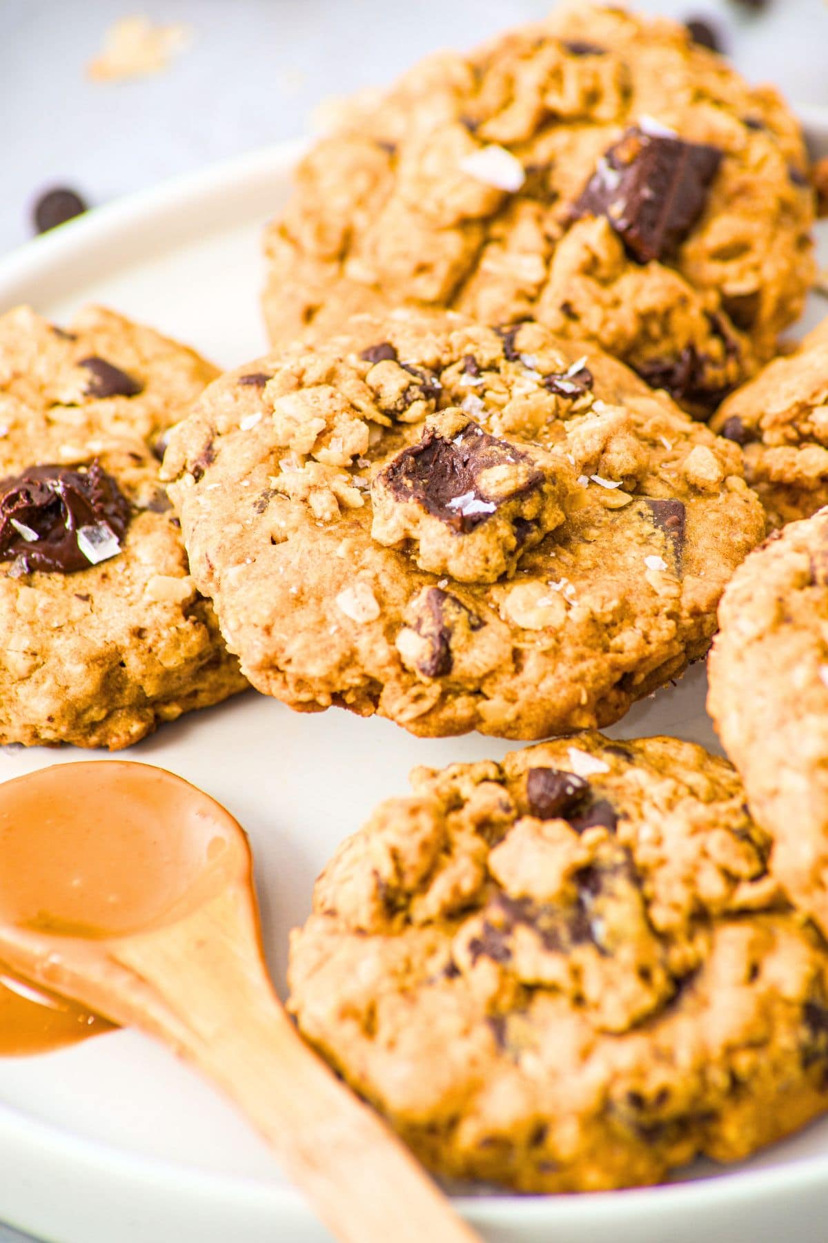 Up close view of plate of PB chocolate chip oatmeal cookies