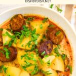 Top down view of potato and chorizo soup