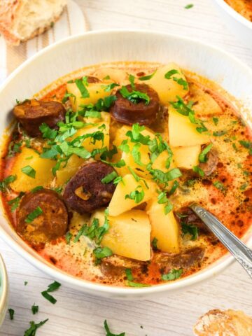 A bowl of chorizo and potato soup