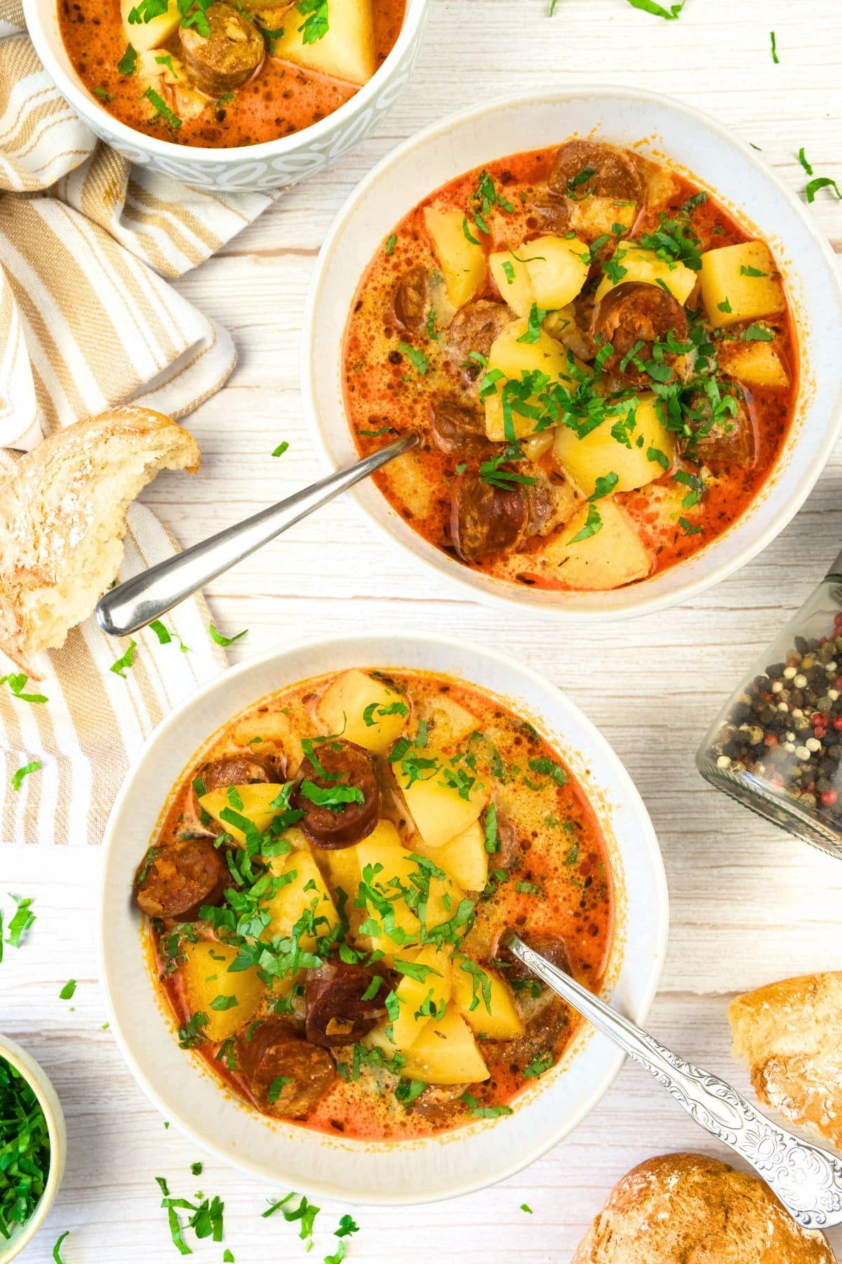 Bowls of chorizo potato soup.