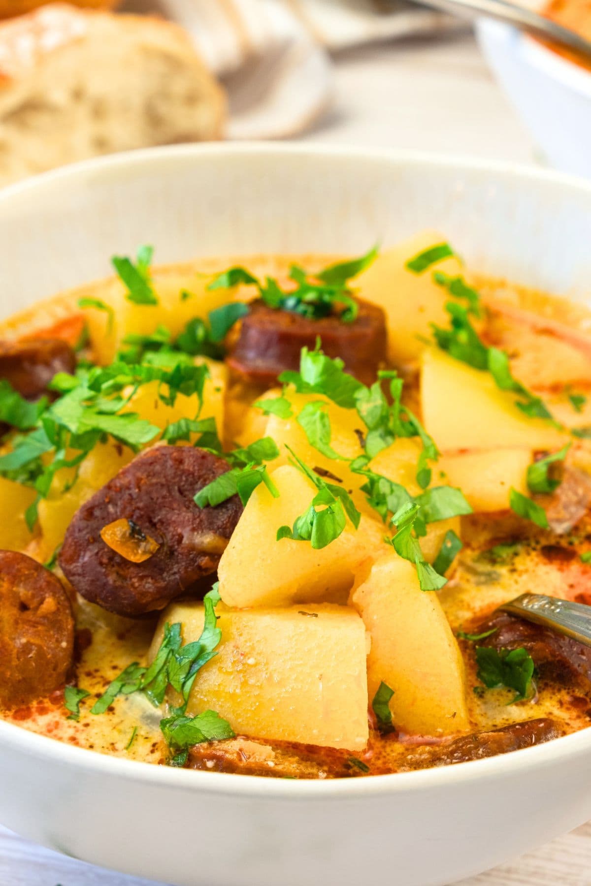 Up close shot of a bowl of Spanish chorizo and potato soup.