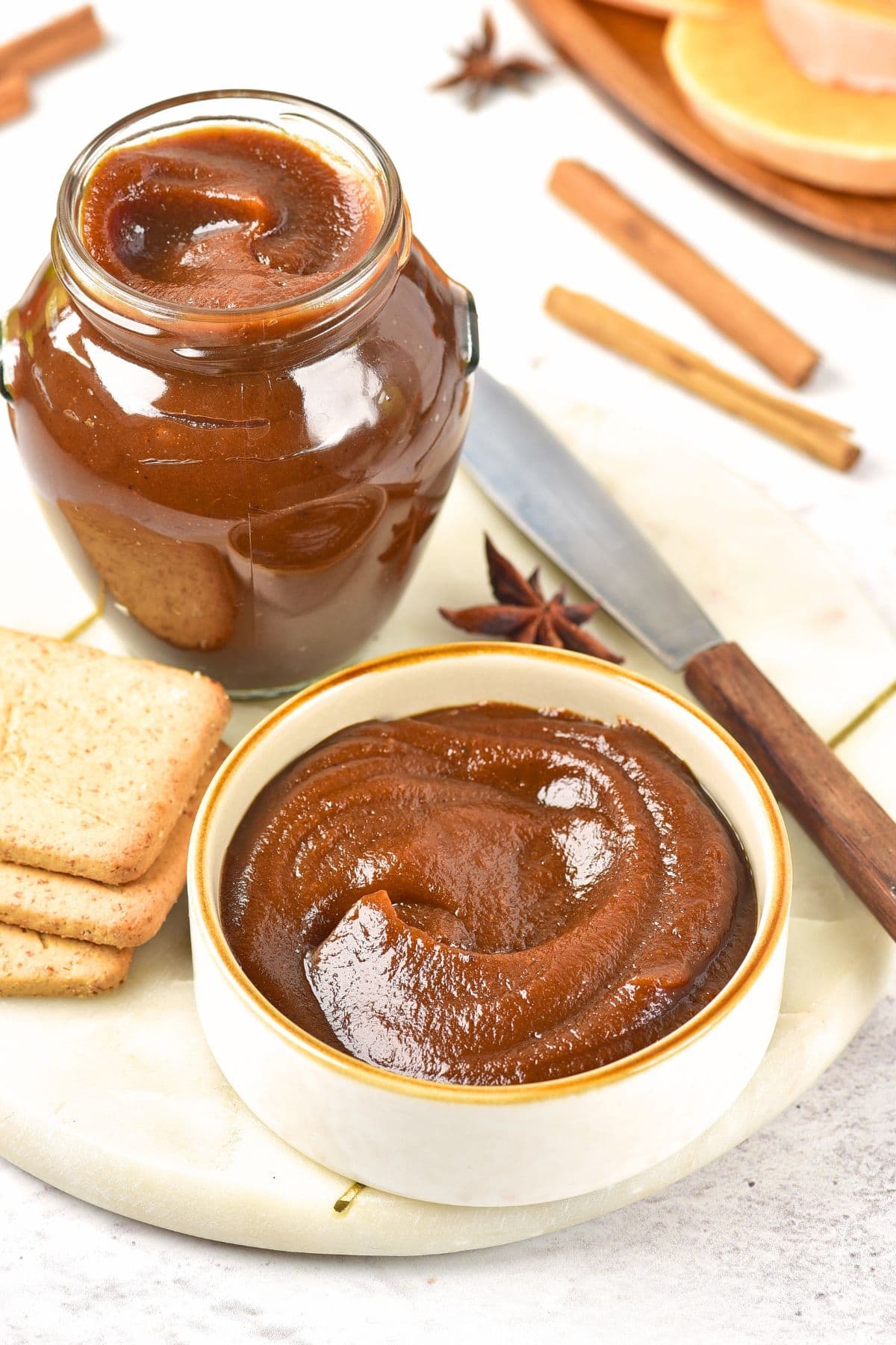 Apple Pumpkin Butter (Gluten-Free, Vegan) A bowl and jar of homemade apple pumpkin butter