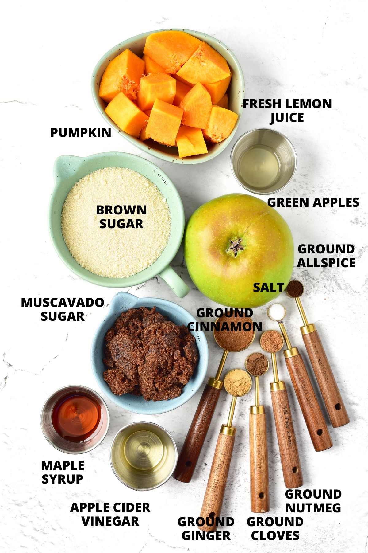 Pumpkin Apple Butter Recipe (Gluten-Free, Vegan) Ingredients for pumpkin apple butter recipe laid out on marble board