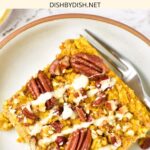 Top down view of a slice of pumpkin baked oatmeal on plate.