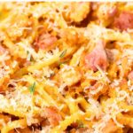 Up close view of bowl of pumpkin carbonara