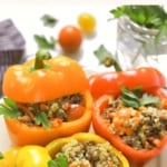 Up close shot of gluten-free peppers stuffed with quinoa.