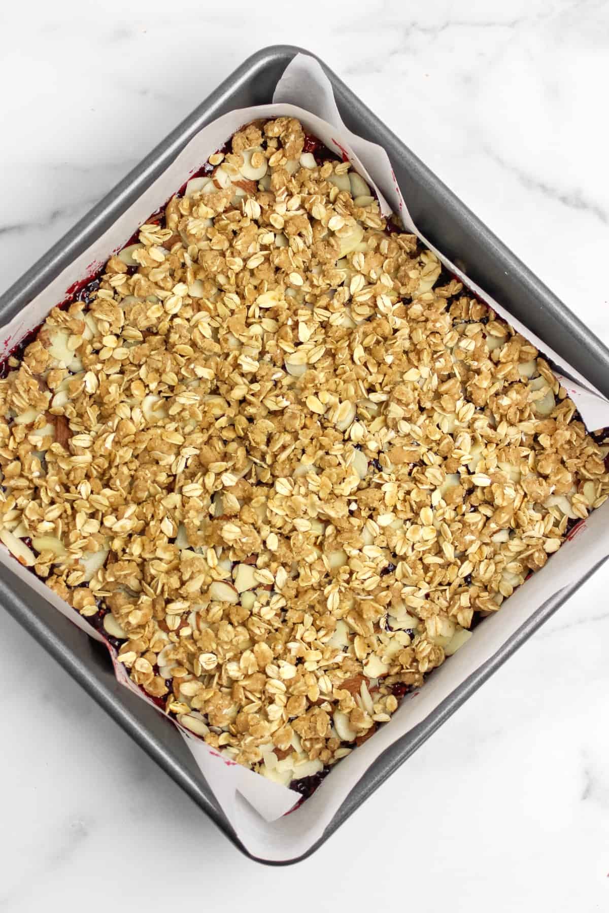 Raspberry oatmeal bars about to be baked.