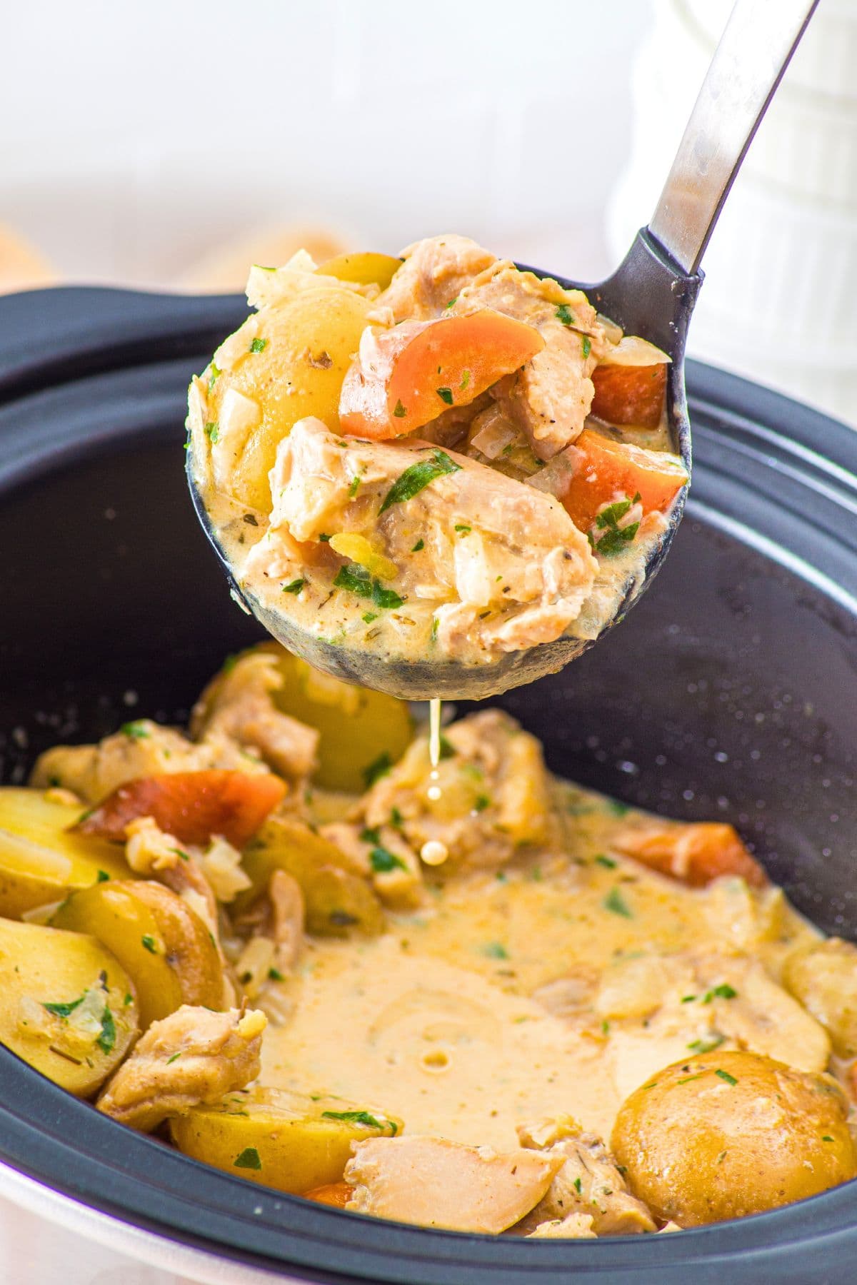 Holding up a ladle full of slow cooker chicken and potatoes