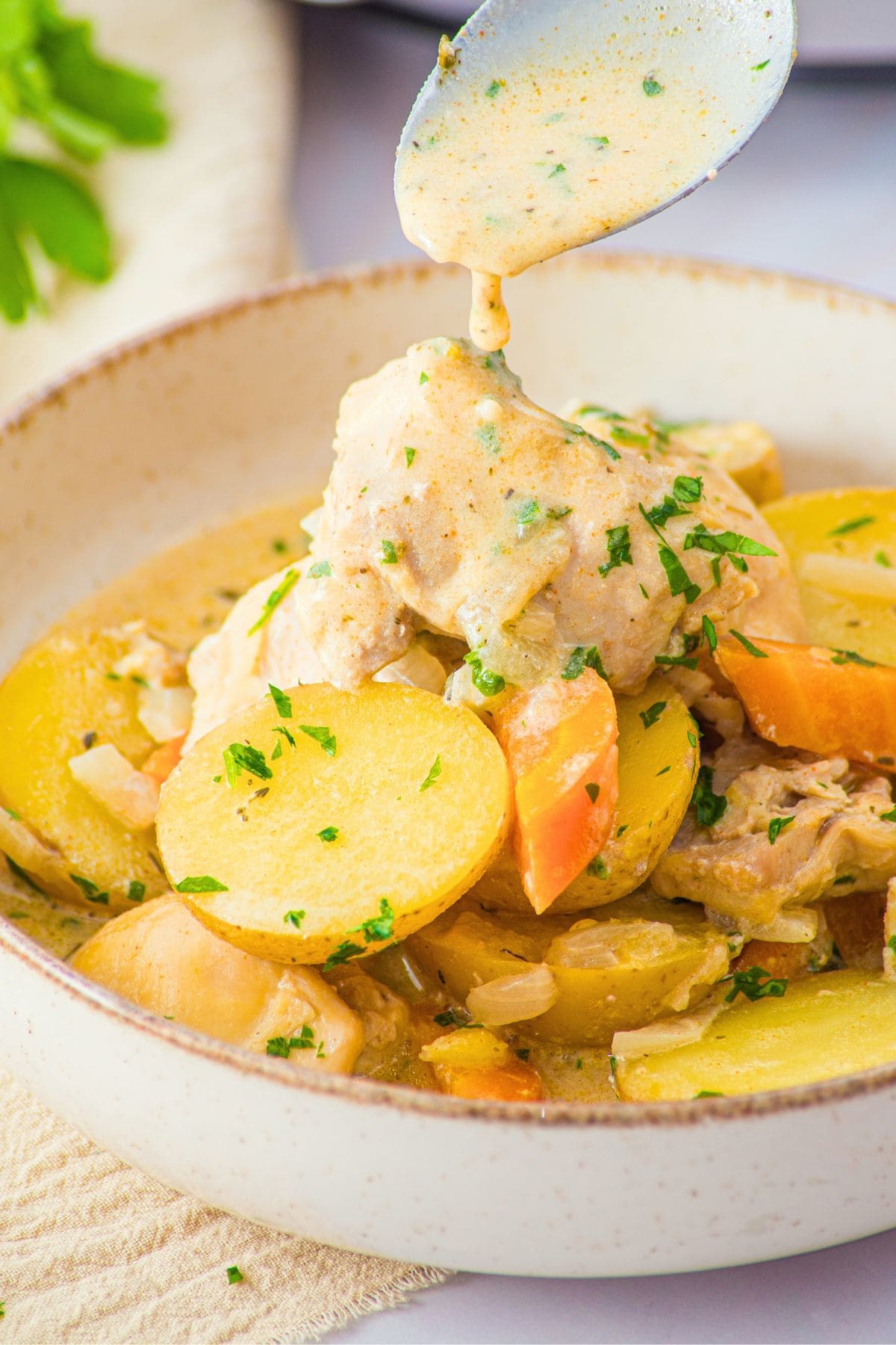 A bowl of slow cooker creamy chicken and potatoes