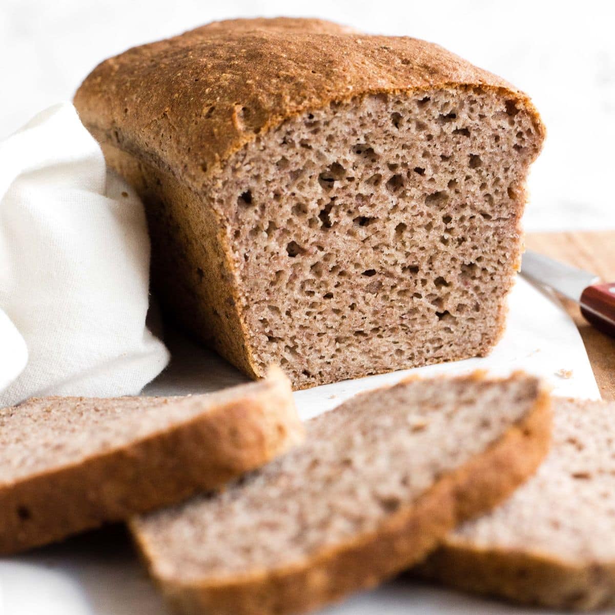 Half sliced loaf of buckwheat bread
