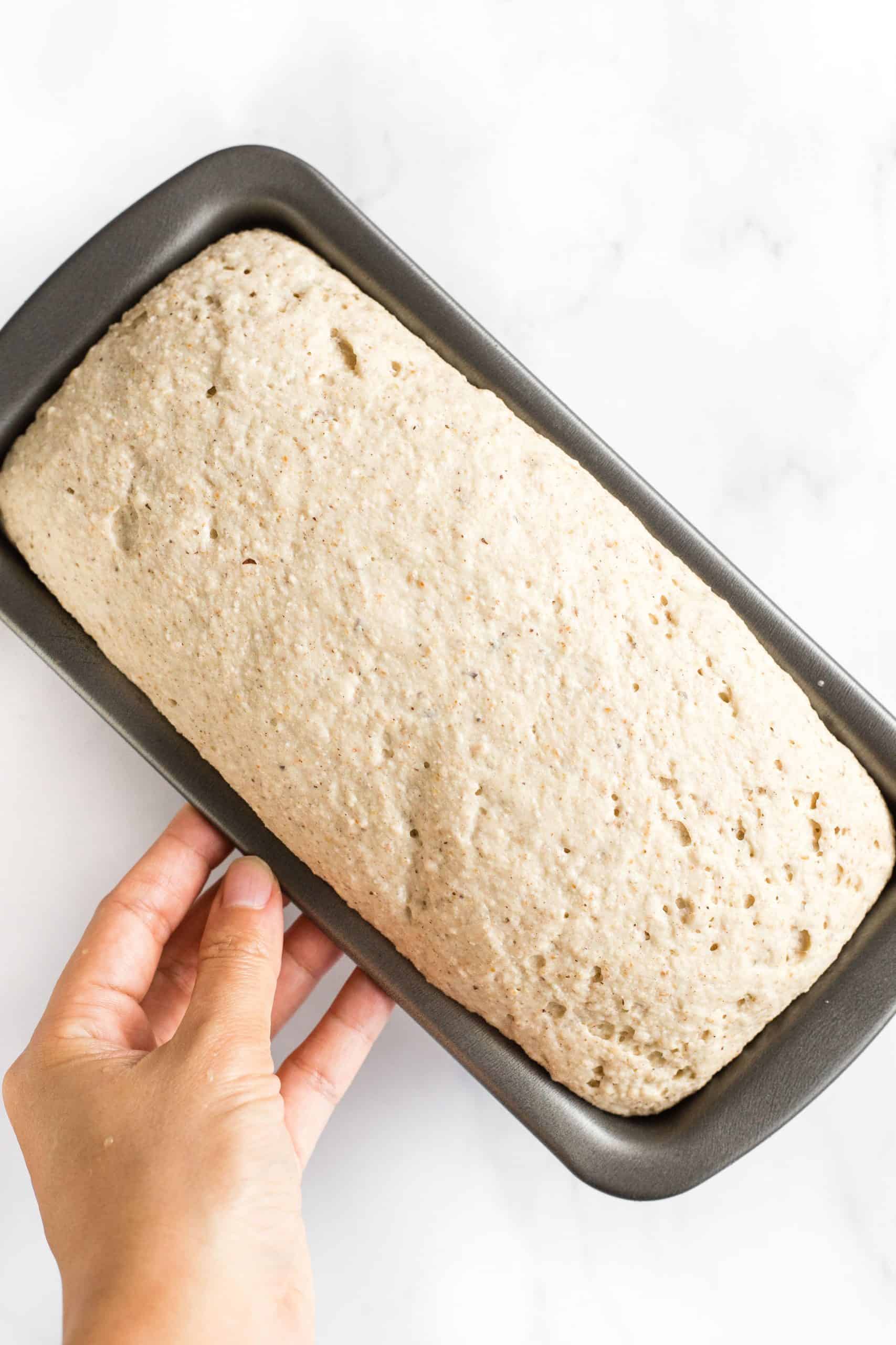 Risen bread dough in metal pan