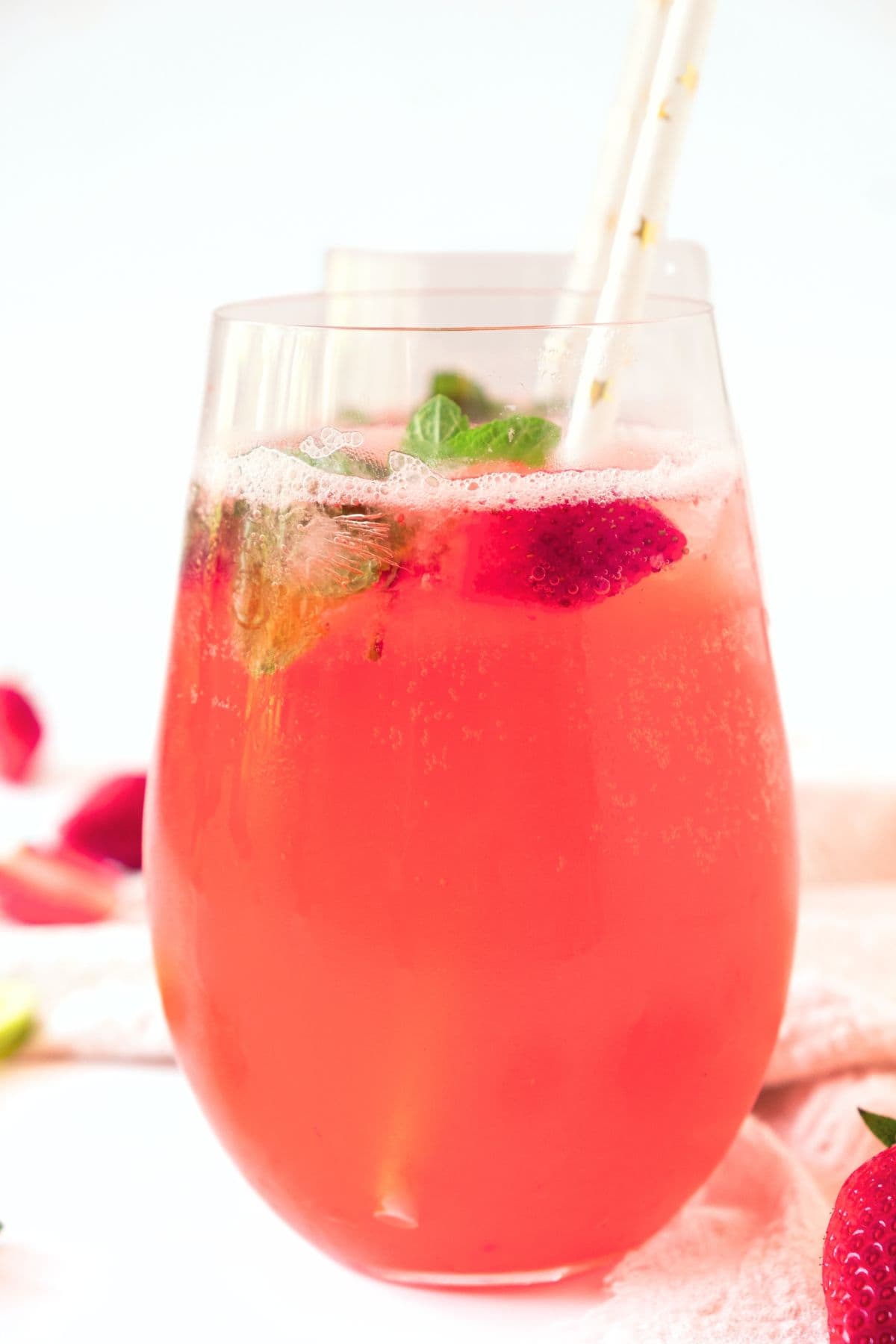 Glasses of homemade strawberry sparkling lemonade