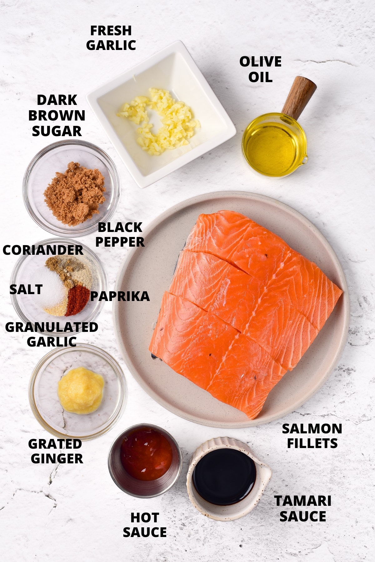 Ingredients for spicy firecracker salmon recipe laid out on board.