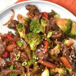 Top down view of a plate of venison stir fry.