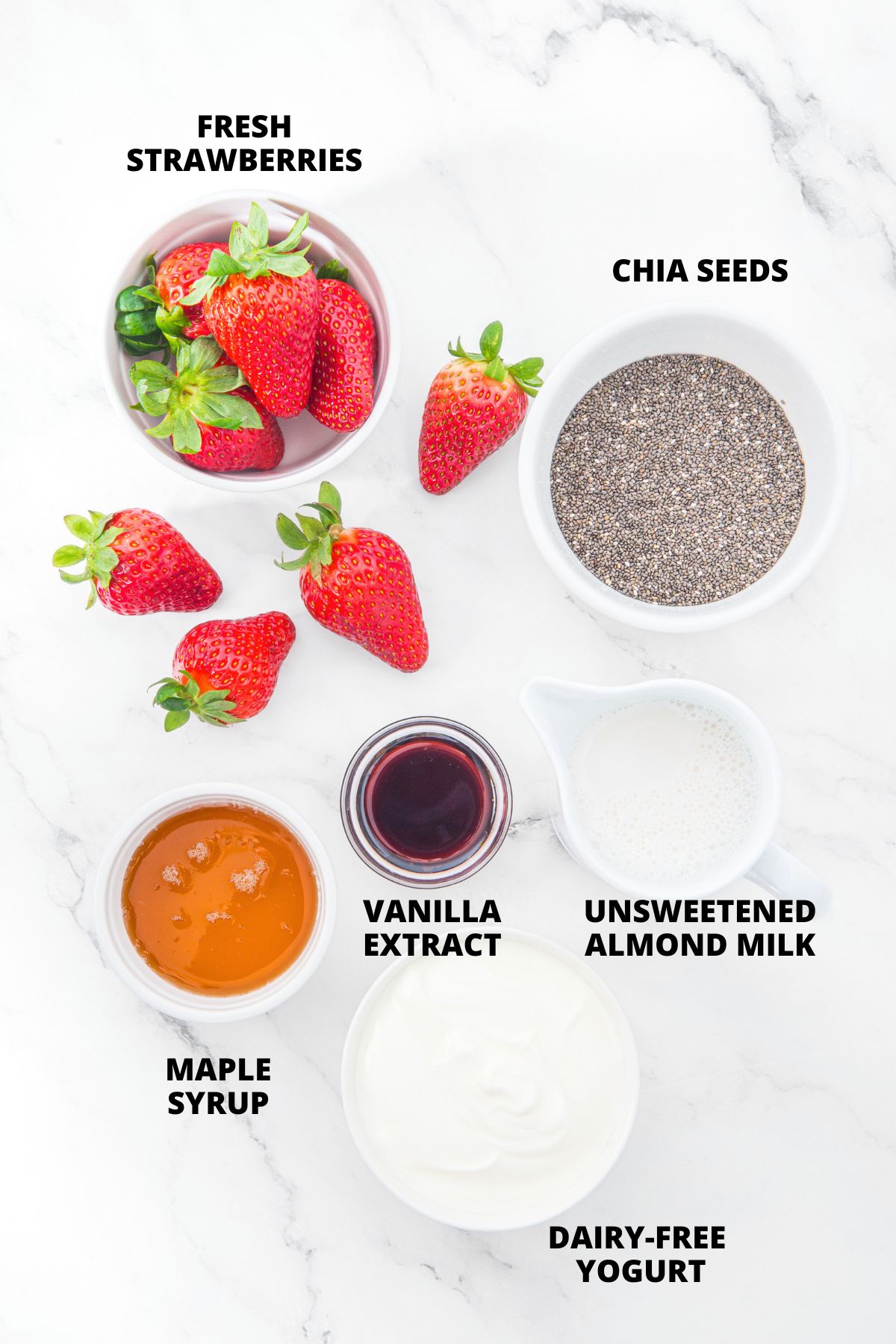 Top down view of ingredients for strawberry chia pudding recipe