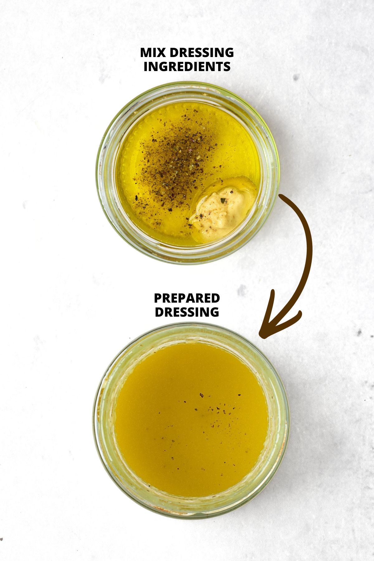 Collage of a bowl of dressing ingredients and a bowl of prepared dressing