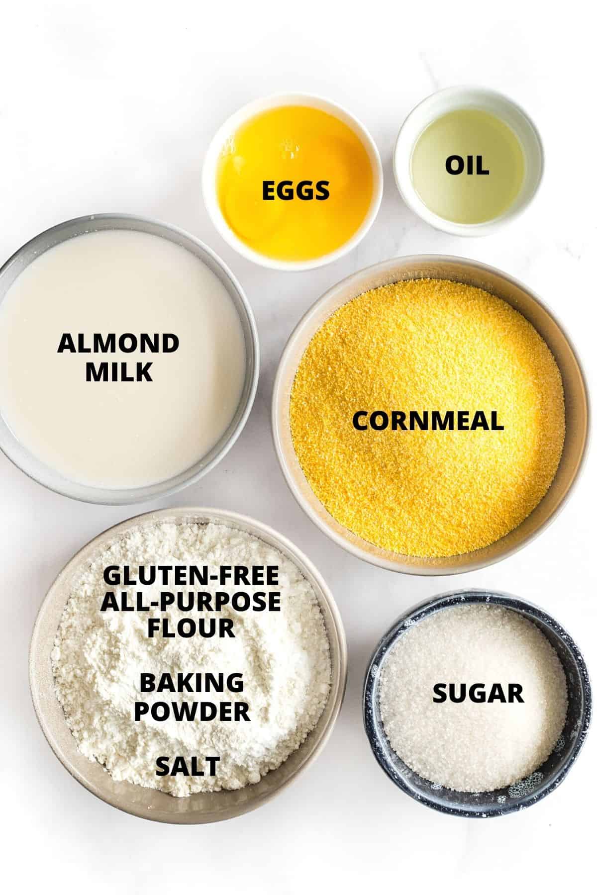 Labeled ingredients for gluten-free cornbread muffins recipe.
