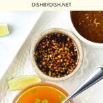 Top down view of bowls of chicken marinades on white plate.