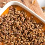 Sweet potato casserole on wooden board