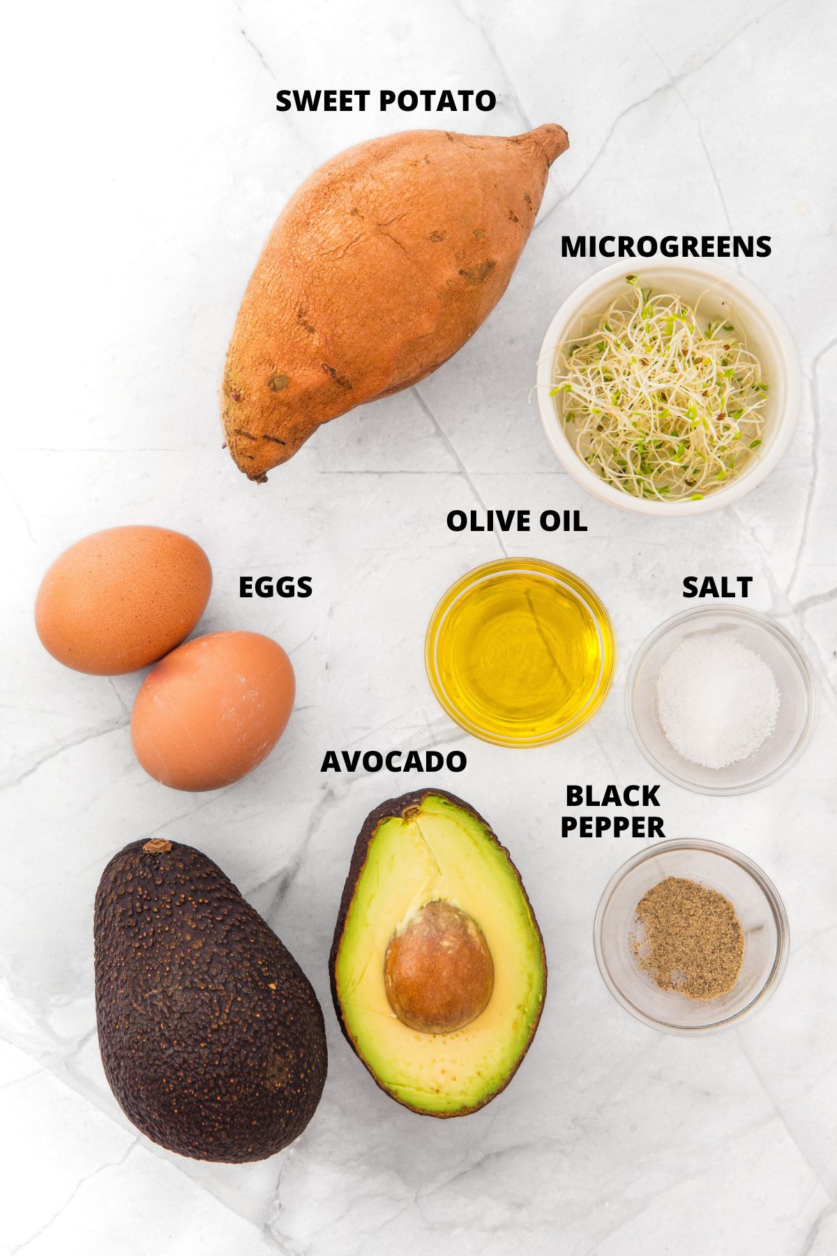 Ingredients for sweet potato toast recipe laid out on marble board