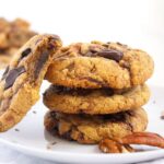 A stack of tahini chocolate chip cookies