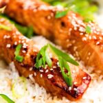 Teriyaki salmon fillets on rice