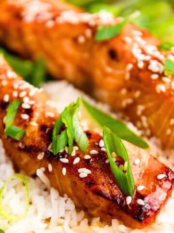 Teriyaki salmon fillets on rice