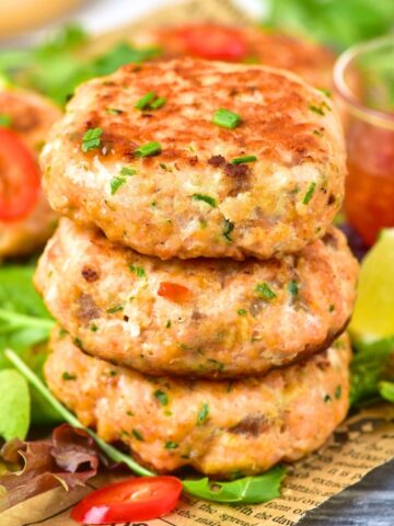 A stack of Thai salmon fish cakes