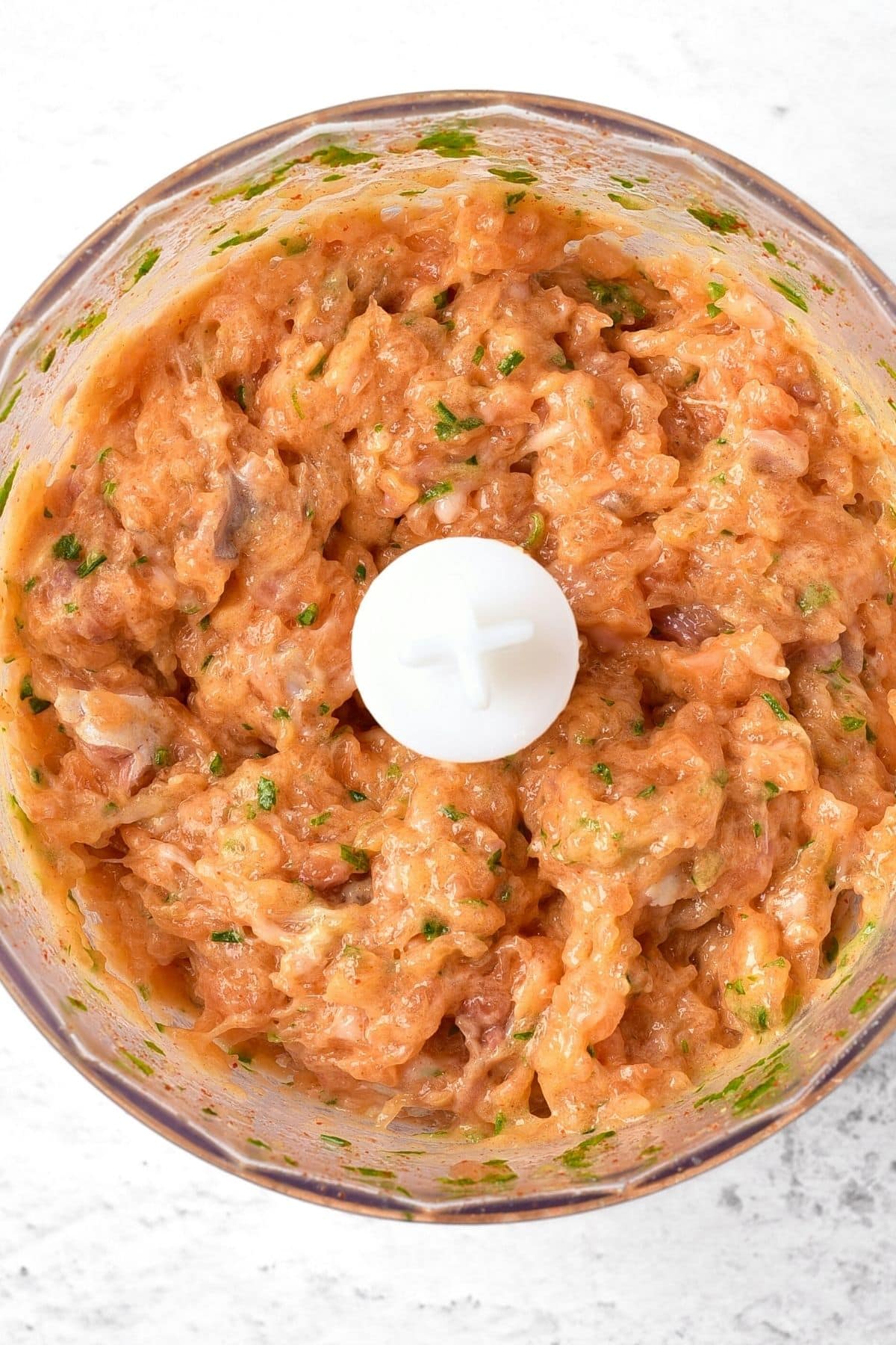 Processed salmon mixture in food processor.