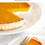 Pinterest image with a slice of sweet potato pie.