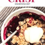 Up close shot of mixed berry crisp in a ramekin.