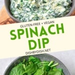 A collage of a bowl of spinach leaves and a bowl of spinach dip.