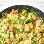 Top down view of turkey fried rice in skillet