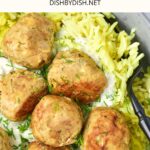 Top down view of meatballs over rice