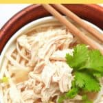 Top down view of a bowl of chicken pho