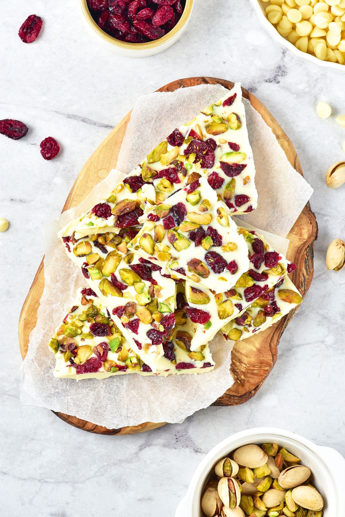 Top down view of white chocolate cranberry bark with pistachios