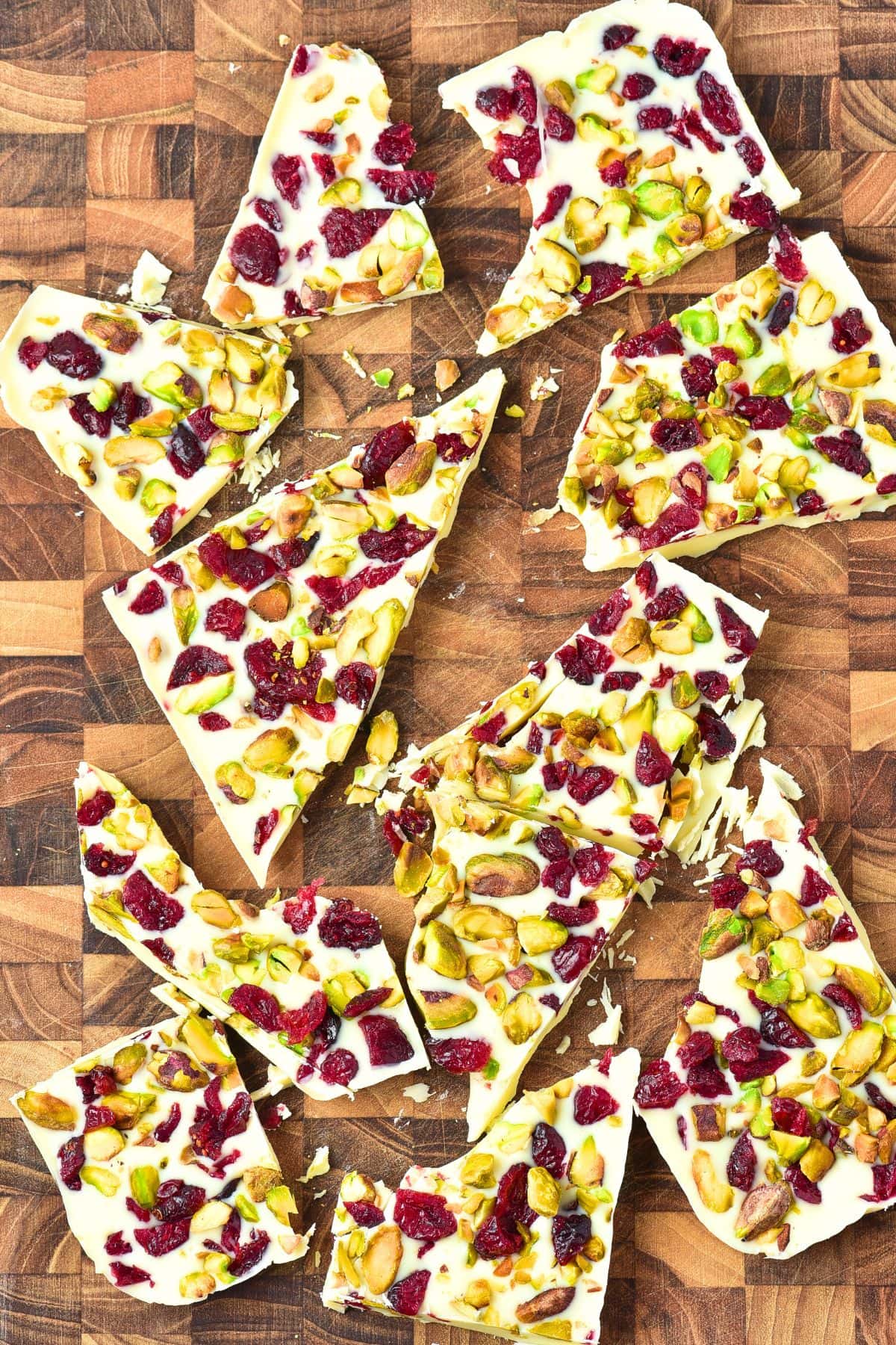 Pieces of broken white chocolate pistachio cranberry bark