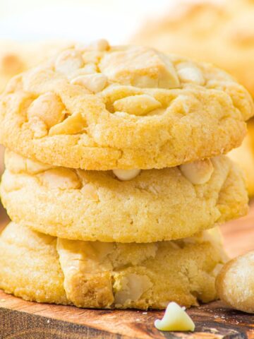 A stack of white chocolate macadamia cookies