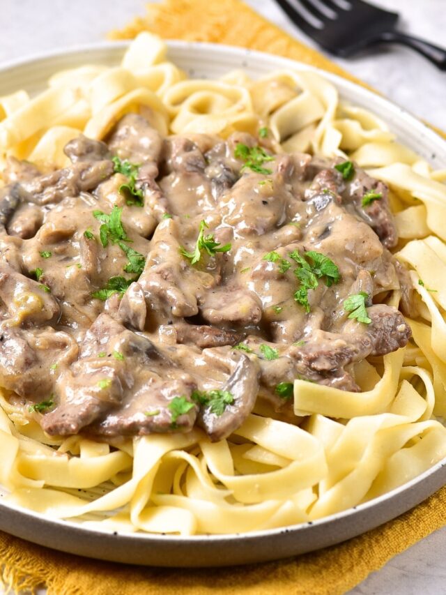 A plate of beef stroganoff